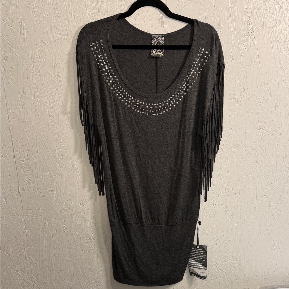 Gray Midi Dress with Fringe and Stud Details